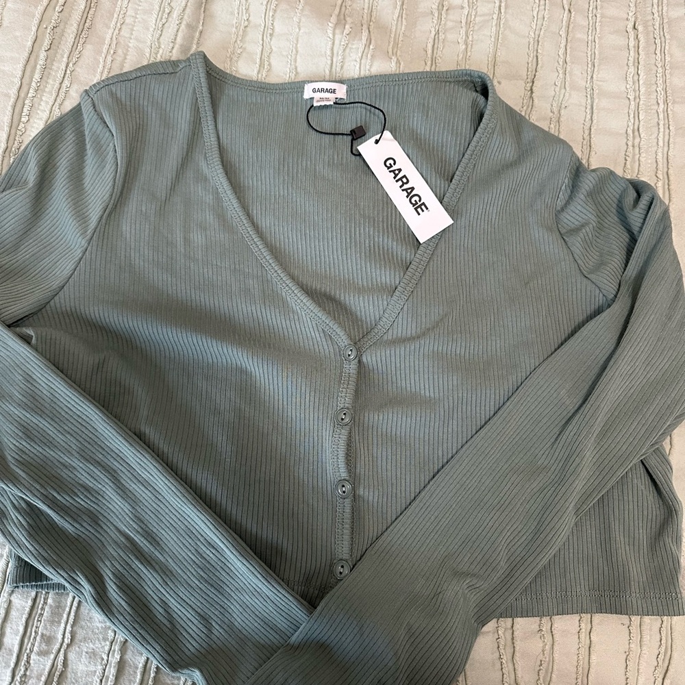 Garage Women's Sage Button-Down Ribbed Top